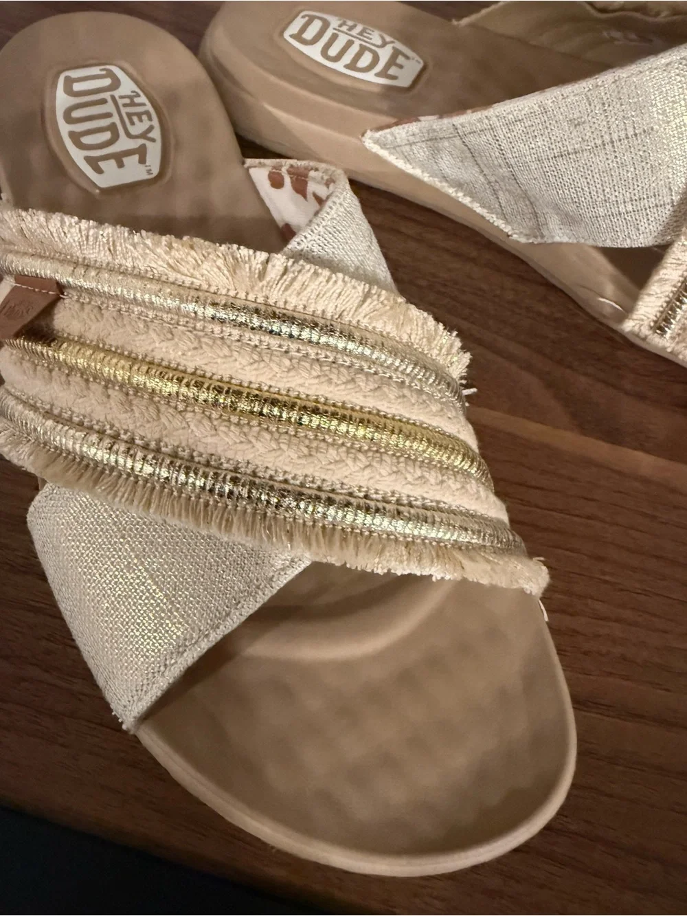 Hey Dude Women's Tan Slide Sandals with Gold Accent Straps